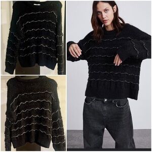 Zara Knit Black Sweater with Rainbow Sparkle Details Size Small
